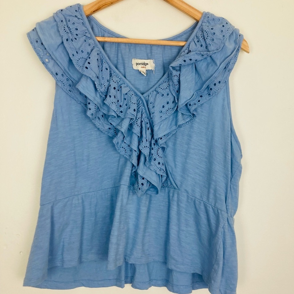 Anthropologie Porridge pale blue eyelet ruffled t-shirt. Size XL